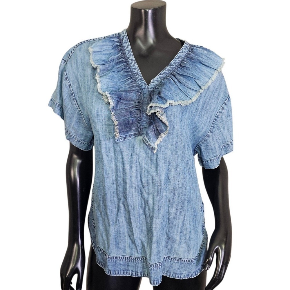 Ivy Jane M Denim Chambray Ruffle VNeck Top Short Sleeve Light Wash Boho Blue